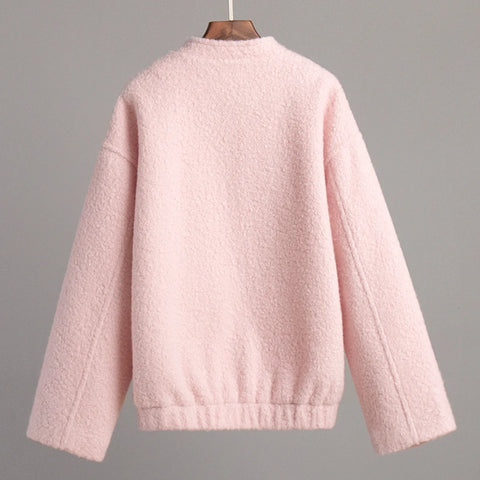 TARUXY Pink Short Fur Jacket Coat For Women Autumn Winter Casual Stand Collar Pocket Loose Fashion Long Sleeve Jacket Top Female