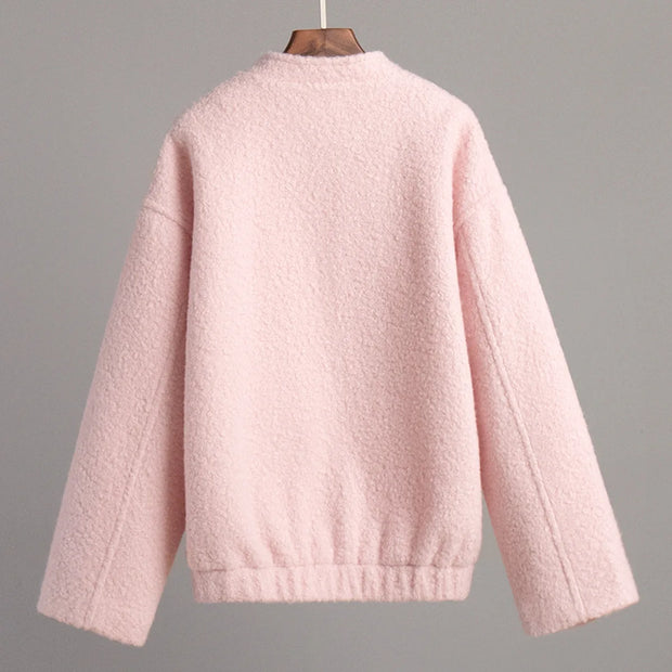 TARUXY Pink Short Fur Jacket Coat For Women Autumn Winter Casual Stand Collar Pocket Loose Fashion Long Sleeve Jacket Top Female