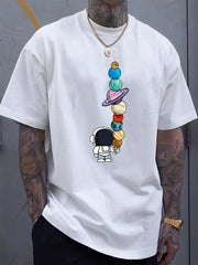 Men's Summer 100% Cotton Fashionable Casual Loose Polyester Astronaut Planet Pattern Printed Round Neck Short Sleeve T-shirt Top