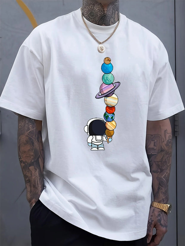 Men's Summer 100% Cotton Fashionable Casual Loose Polyester Astronaut Planet Pattern Printed Round Neck Short Sleeve T-shirt Top