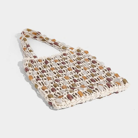Women Beaded Bag Summer Design Hollow-out Woven Bead Tote Bag Shoulder Bag Female Small Handbag