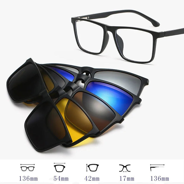 HDCRAFTER 6 In 1 Magnet Polarized Clip Glasses Frame Men TR90 Optical Myopia Clip Glasses For Men Prescription Eyeglasses Frame