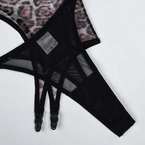 MUZISKAT High Quality 2024 Hot New Women's Leopard Mesh Sexy See-Through Body Shaping Erotic Lingerie Set Onlyfans