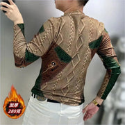 Men Clothing 2024 Autumn Winter Vintage Fashion Print Velvet Thicken Warm Basic T-shirt Male Casual O Neck Long Sleeve Slim Tops
