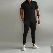 2024 Spring and summer menswear slim trend youth leisure sports polo suit, zipper pullover jacket drawstring trousers monochrome