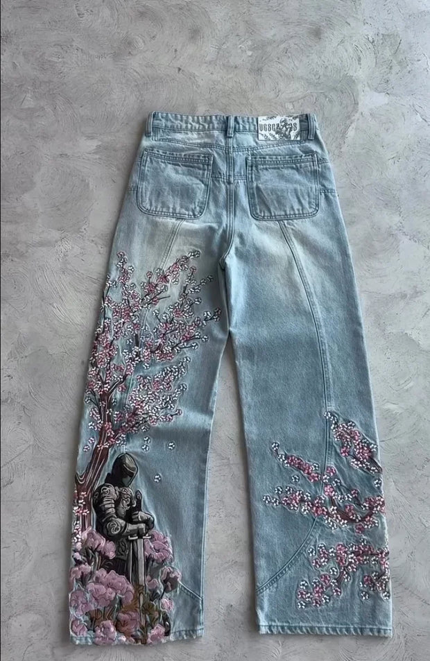 Y2k Vintage Baggy Cherry Blossom Knight Embroidery Jeans Fashion Men Women Streetwear Straight Wide Leg Patchwork Denim Pants