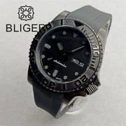 BLIGER 40mm 3.8 O'clock Crown Watch For Men NH36 Movement Week-day Display Function Full Black PVD Case Rubber Strap Waterproof