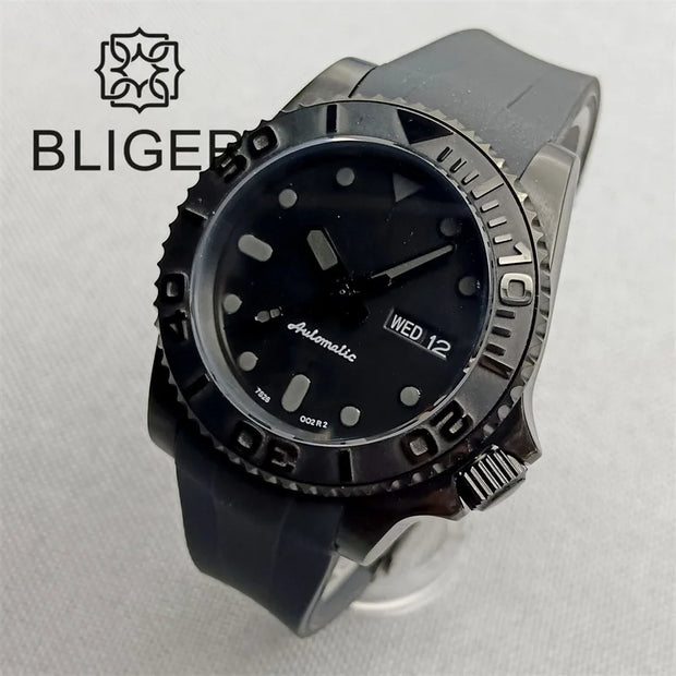BLIGER 40mm 3.8 O'clock Crown Watch For Men NH36 Movement Week-day Display Function Full Black PVD Case Rubber Strap Waterproof