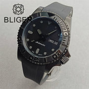 BLIGER 40mm 3.8 O'clock Crown Watch For Men NH36 Movement Week-day Display Function Full Black PVD Case Rubber Strap Waterproof