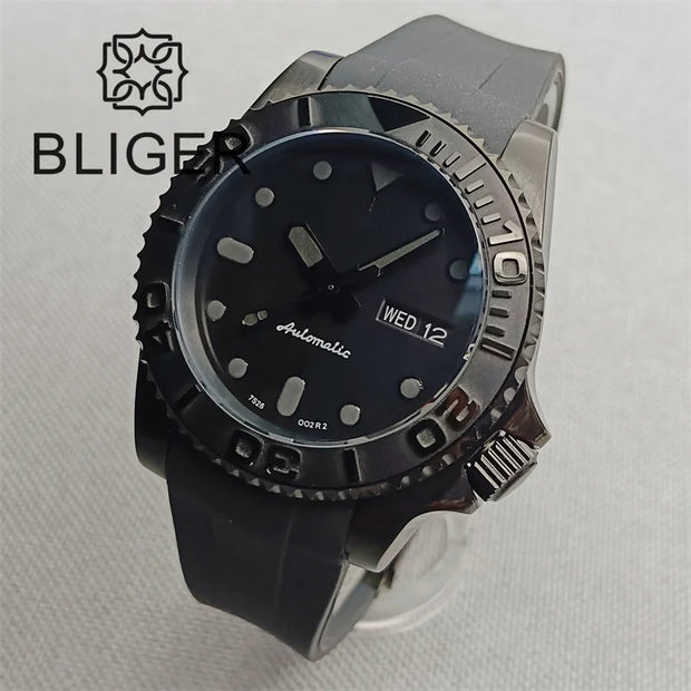 BLIGER 40mm 3.8 O'clock Crown Watch For Men NH36 Movement Week-day Display Function Full Black PVD Case Rubber Strap Waterproof