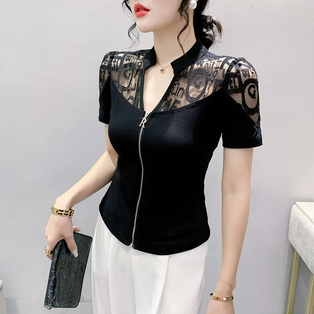 Summer European Clothes Sexy V Necks T-Shirt Women Embroidery Lace Front Zipper Slim Tops