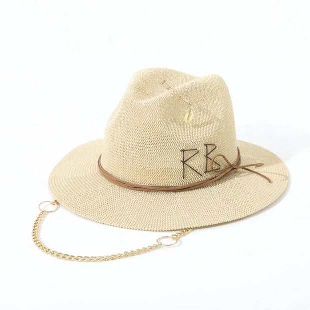 Fashionable Metal Letter Straw Hats for Women Men Summer Outdoor Holidays Beach Sun Hat Panama Hat