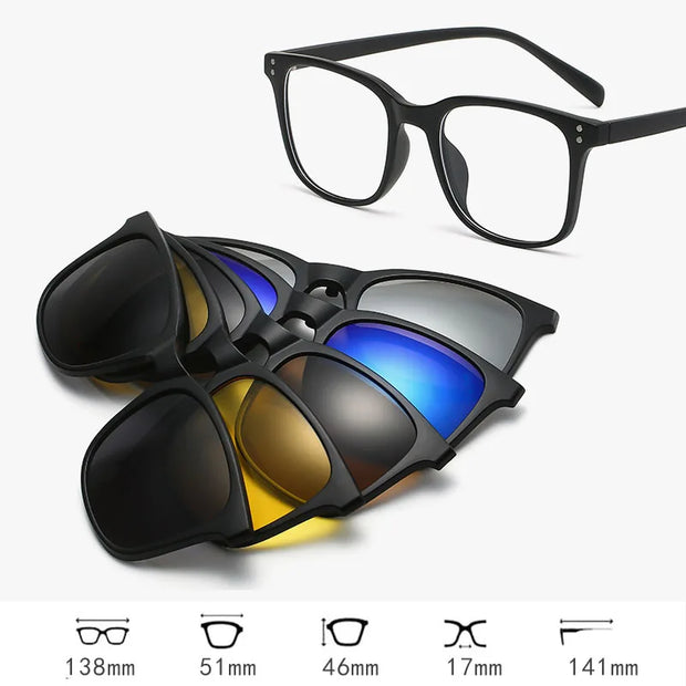 HDCRAFTER 6 In 1 Magnet Polarized Clip Glasses Frame Men TR90 Optical Myopia Clip Glasses For Men Prescription Eyeglasses Frame