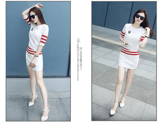Women's Short Hip Wrap Skirt Suit 2024 Spring Summer New Fashion Stripe Knitted Crop Tops Dress Two Piece Set For Women Clothing