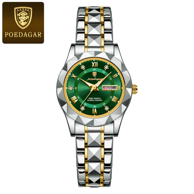 POEDAGAR Luxury Quartz Watch for Ladies Waterproof Luminous Date Week Stainless Steel Women Watches Elegant Dress WristWatch+box