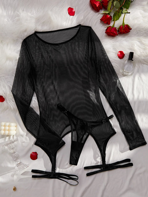 MUZISKAT High Quality 2024 Hot New Women's Leopard Mesh Sexy See-Through Body Shaping Erotic Lingerie Set Onlyfans