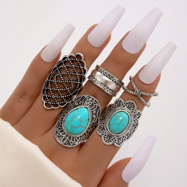 Tocona 5pcs/sets Vintage Silver Color Geometric Joint Ring for Women Black Crystal Stone Cross Party Jewelry Accessories 17196