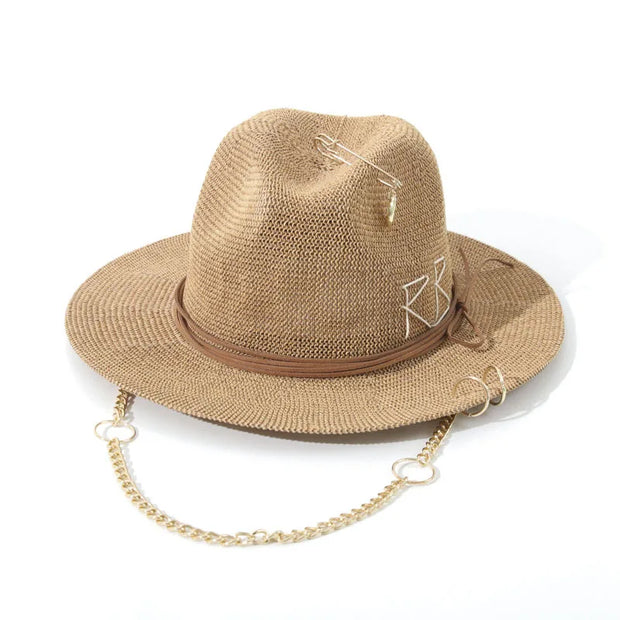 Fashionable Metal Letter Straw Hats for Women Men Summer Outdoor Holidays Beach Sun Hat Panama Hat