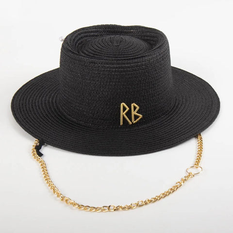 Fashionable Metal Letter Straw Hats for Women Men Summer Outdoor Holidays Beach Sun Hat Panama Hat