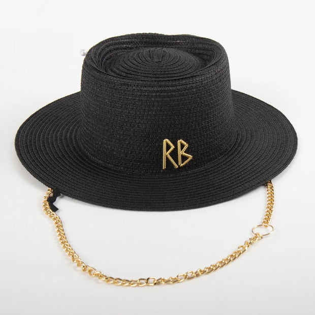 Fashionable Metal Letter Straw Hats for Women Men Summer Outdoor Holidays Beach Sun Hat Panama Hat