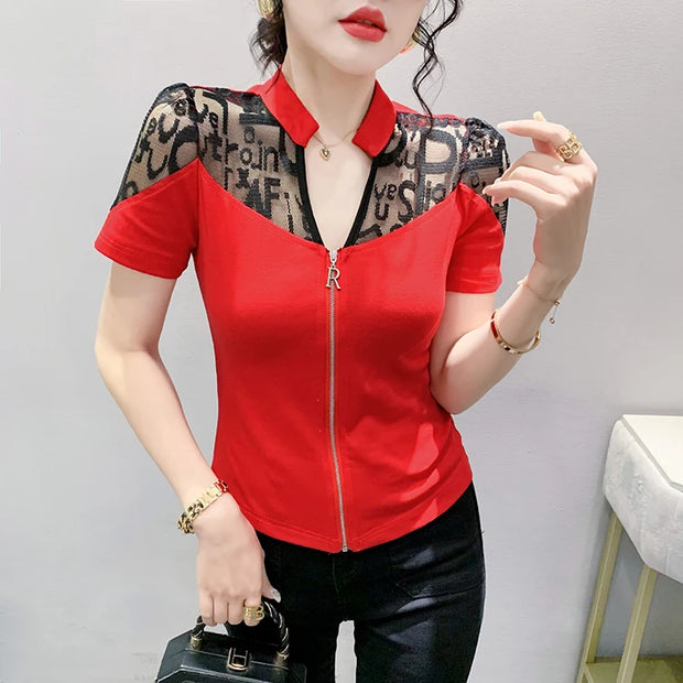 Summer European Clothes Sexy V Necks T-Shirt Women Embroidery Lace Front Zipper Slim Tops