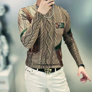 Men Clothing 2024 Autumn Winter Vintage Fashion Print Velvet Thicken Warm Basic T-shirt Male Casual O Neck Long Sleeve Slim Tops