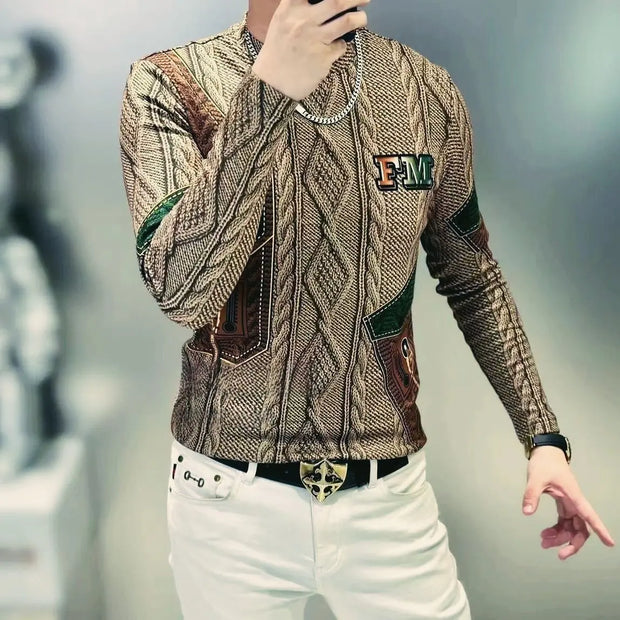 Men Clothing 2024 Autumn Winter Vintage Fashion Print Velvet Thicken Warm Basic T-shirt Male Casual O Neck Long Sleeve Slim Tops