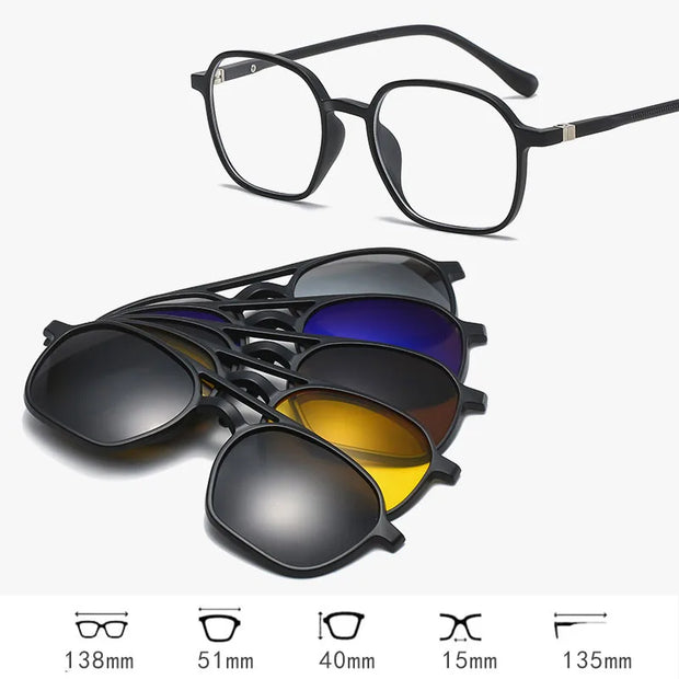 HDCRAFTER 6 In 1 Magnet Polarized Clip Glasses Frame Men TR90 Optical Myopia Clip Glasses For Men Prescription Eyeglasses Frame