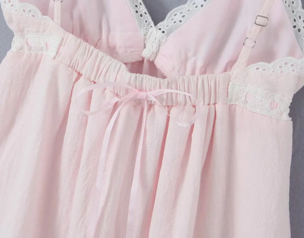 2023 Sexy Pink Spliced Embroidery Lace Deep V neck Mini Sling Dress Women Adjust Bow Ribbon Back Backless Party Robe Holiday