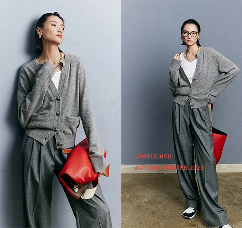 Autumn/Winter Knitted Loose Cardigan Jacket Pure Wool Sweater Temperament round Neck Slim Fit Long Sleeve Top for Women