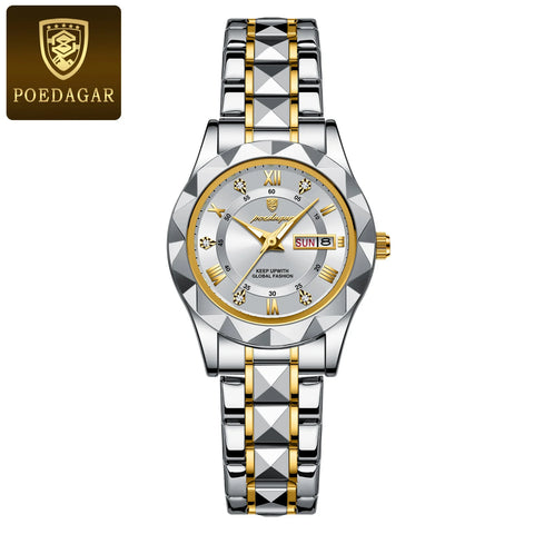 POEDAGAR Luxury Quartz Watch for Ladies Waterproof Luminous Date Week Stainless Steel Women Watches Elegant Dress WristWatch+box