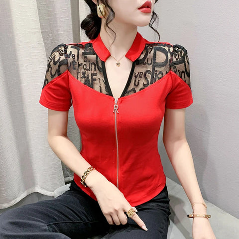 Summer European Clothes Sexy V Necks T-Shirt Women Embroidery Lace Front Zipper Slim Tops