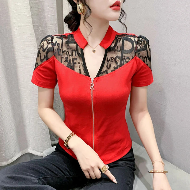 Summer European Clothes Sexy V Necks T-Shirt Women Embroidery Lace Front Zipper Slim Tops