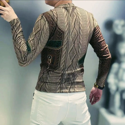 Men Clothing 2024 Autumn Winter Vintage Fashion Print Velvet Thicken Warm Basic T-shirt Male Casual O Neck Long Sleeve Slim Tops