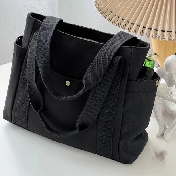 Canvas Commuter Women's Bag Large Capacity Multi Outer Pocket Zip Shoulder Bag Student Shopping Tote Bag