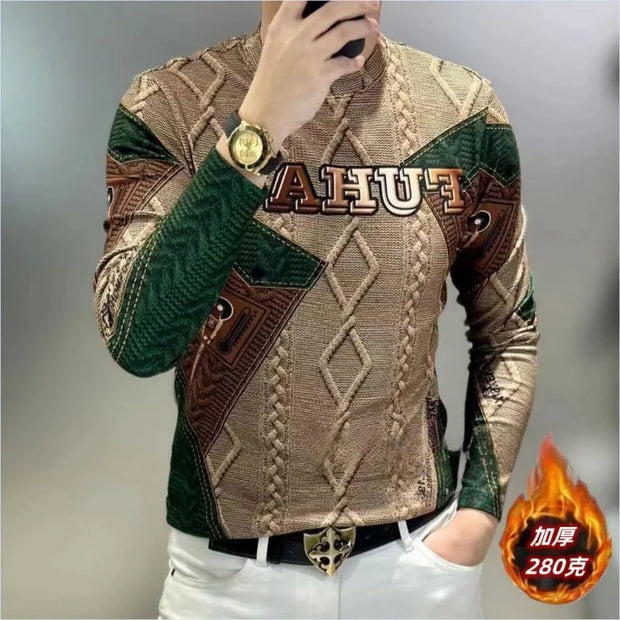 Men Clothing 2024 Autumn Winter Vintage Fashion Print Velvet Thicken Warm Basic T-shirt Male Casual O Neck Long Sleeve Slim Tops