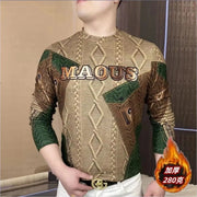 Men Clothing 2024 Autumn Winter Vintage Fashion Print Velvet Thicken Warm Basic T-shirt Male Casual O Neck Long Sleeve Slim Tops