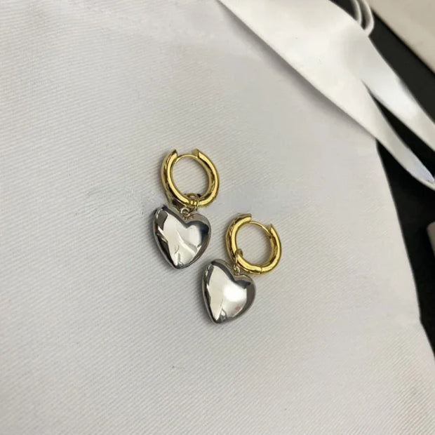 Statement Minimalist Gold Silver Color Mixed Solid Heart Pendant Hoop Earrings Street Style Korean Fashion Jewelry Accessories