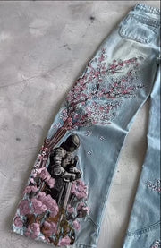 Y2k Vintage Baggy Cherry Blossom Knight Embroidery Jeans Fashion Men Women Streetwear Straight Wide Leg Patchwork Denim Pants