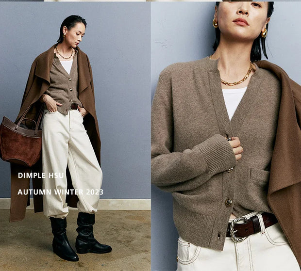 Autumn/Winter Knitted Loose Cardigan Jacket Pure Wool Sweater Temperament round Neck Slim Fit Long Sleeve Top for Women