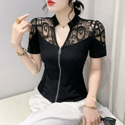 Summer European Clothes Sexy V Necks T-Shirt Women Embroidery Lace Front Zipper Slim Tops