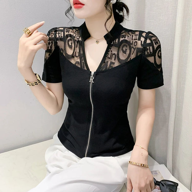 Summer European Clothes Sexy V Necks T-Shirt Women Embroidery Lace Front Zipper Slim Tops