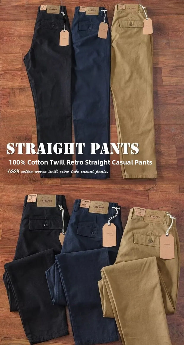 Retro Waed Pure Cotton Men's Loose Straight Leg Long Pants Heavy Du Thiened Wear Resistant Workwear Casual Trousers