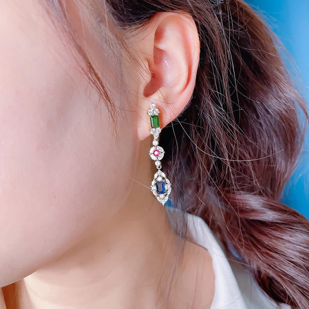 Huitan Green/Red/Blue Cubic Zirconia Dangle Earrings for Women Wedding Accessories Exquisite Female Earrings New Trendy Jewelry