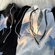 Streetwear Hoodies Women Stars Print Fashion Oversized Outwear Harajuku Casual Hooded Zipper Sweatshirt Jacket Korean Y2k Tops