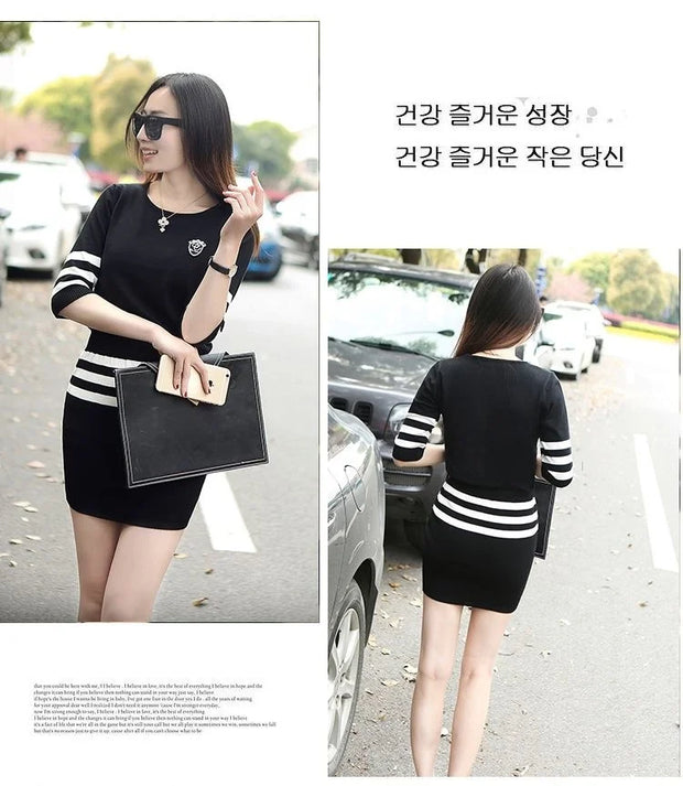 Women's Short Hip Wrap Skirt Suit 2024 Spring Summer New Fashion Stripe Knitted Crop Tops Dress Two Piece Set For Women Clothing