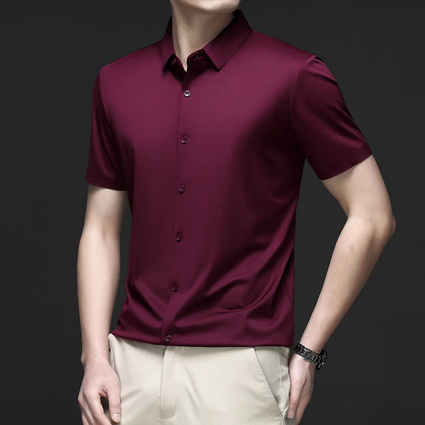 New Men's Business Casual Solid Color Short Sleeved Shirt for Summer Fashion No Ironing Comfortable and Versatile Top