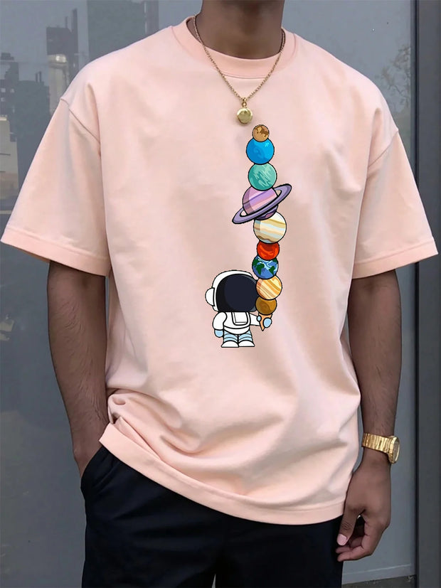 Men's Summer 100% Cotton Fashionable Casual Loose Polyester Astronaut Planet Pattern Printed Round Neck Short Sleeve T-shirt Top