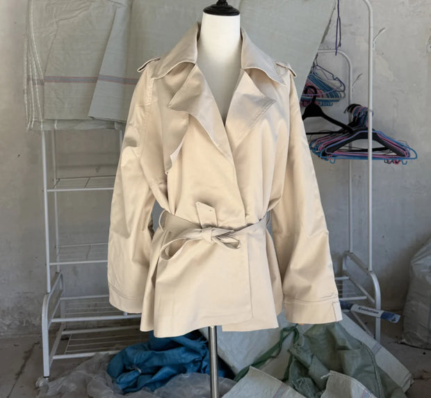 Lace Up Trench Coat With Belt Suit Collar Waist Cinched Slimming Drop Shoulder Short Windbreaker Jacket Retro Casual Outwear