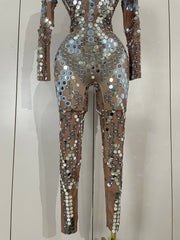 Sexy Shiny Silver Sequins Mirror Black Spandex Jumpsuit 2025 Women Prom Dancer Singer Costume Evening Birthday Show Stage Outfit